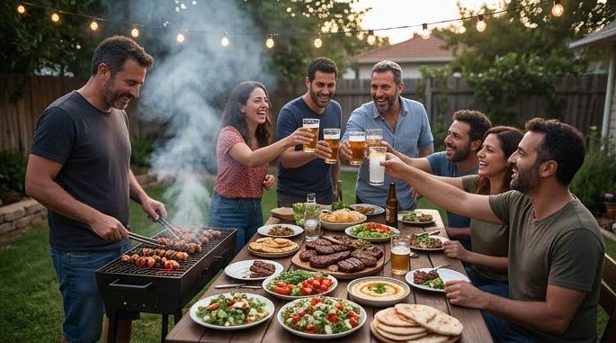 חברים סביב גריל עשן ושולחן עמוס מנות בחצר מוארת בנורות