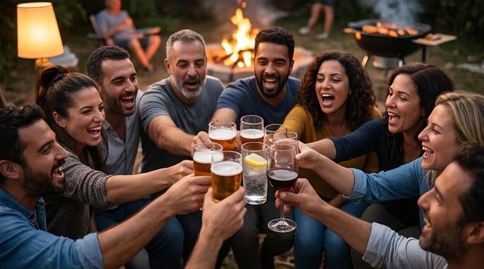 קבוצת חברים מרימה כוסות ומשיקה לחיים בערב בחוץ